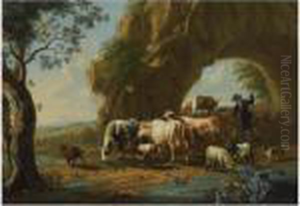 An Italianate River Landscape 
With A Shepherd And His Herd Near Agrotto, A View Of A Town Beyond Oil Painting by Jan van Gool