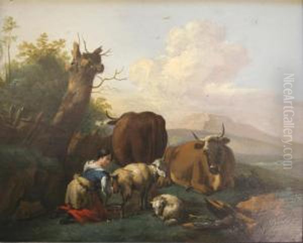 A Shepherdess With Cattle And Sheep Oil On Panel 23 X 28.5cm Oil Painting by Jan van Gool