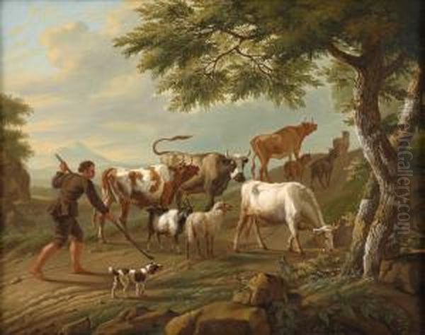 Hirte Mit Hund Und Weidevieh. Oil Painting by Jan van Gool