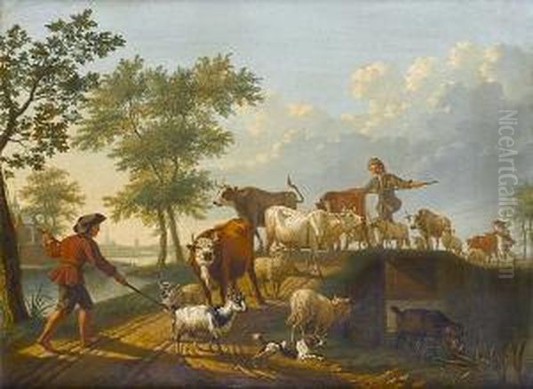 Drovers With Cattle, Sheep And Goats Crossing A Bridge In A River Landscape Oil Painting by Jan van Gool