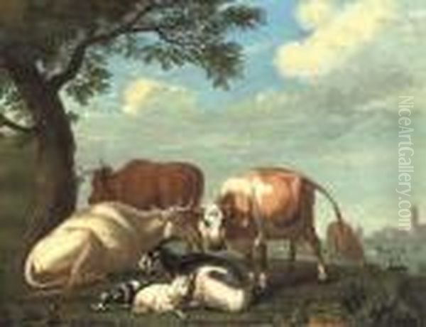 Cows And Goats Resting By A Tree, A Village Beyond Oil Painting by Jan van Gool