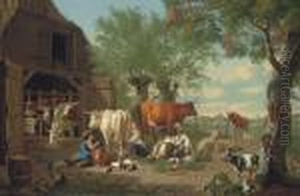 A Farmyard With A Milkmaid And A Herdsman Oil Painting by Jan van Gool