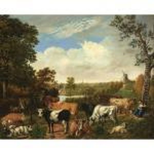 A Wooded Landscape With A 
Shepherdess Resting Under A Tree With Sheep, Goats And Cows, Rijswijk 
With The Oude Kerk Beyond Oil Painting by Jan van Gool