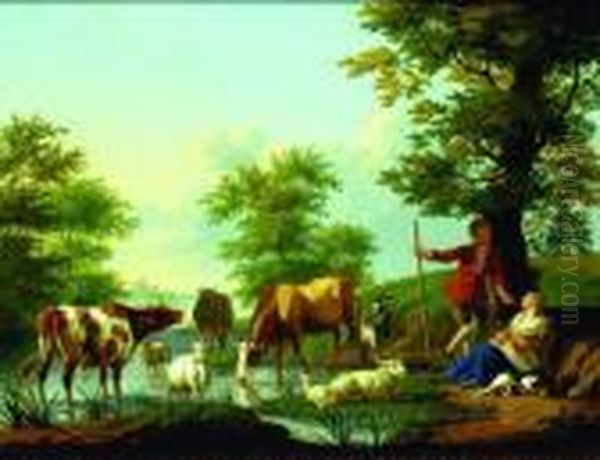 Pastoral Landscape With Livestock And Shepherd Family Oil Painting by Jan van Gool