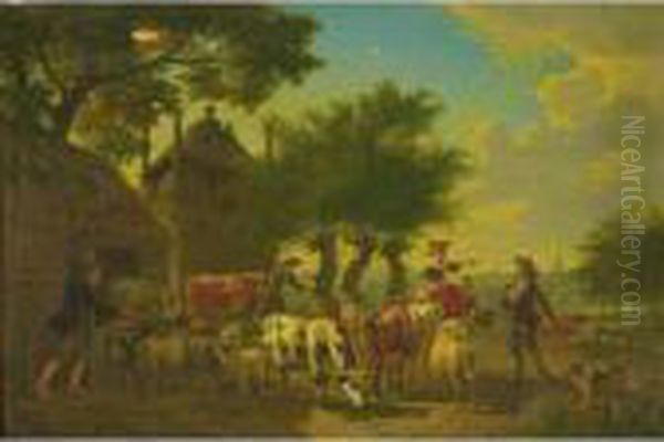 An Extensive Landscape With Shepherds, Sheep, Goats And Cows Oil Painting by Jan van Gool