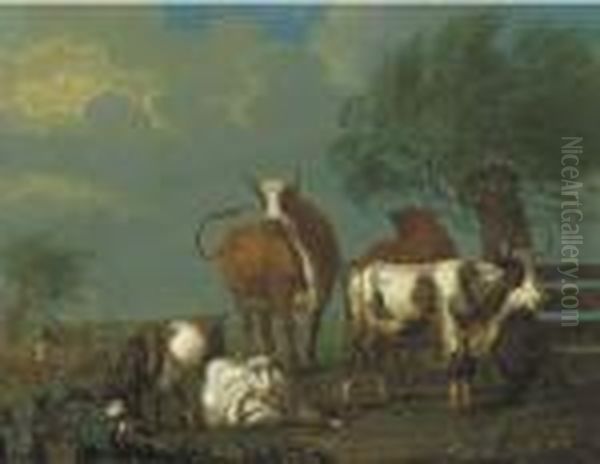 A Pastoral Landscape With Cattle And Goats By A Fence Oil Painting by Jan van Gool