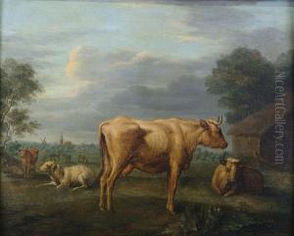 Cattle And A Sheep In A Landscape Before A Barn Oil Painting by Jan van Gool