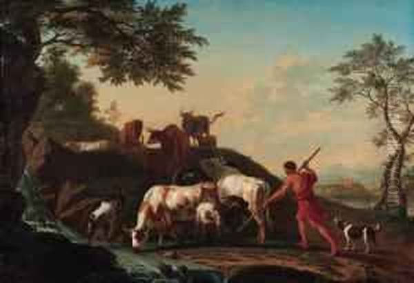 A Herdsman With Cattle And Goats By A Stream; And A Foxhunt Oil Painting by Jan van Gool