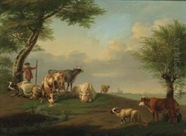 A Herdsman And Cattle With A Milkmaid In A River Landscape by Jan van Gool