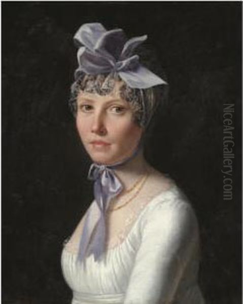 Portrait Of A Lady, Head And Shoulders, Wearing A White Dress Andpurple Hat Oil Painting by Henri Nicolas Van Gorp