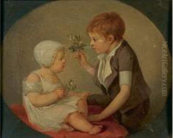 Deux Jeunes Enfants Tenant Des Fleurs D'orangers Dans Un Ovale Peint Oil Painting by Henri Nicolas Van Gorp