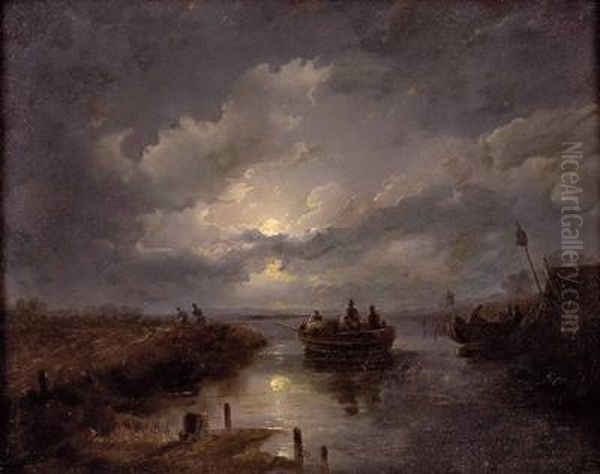 Mond Uber Gewasser Mit Booten Oil Painting by George Harvey