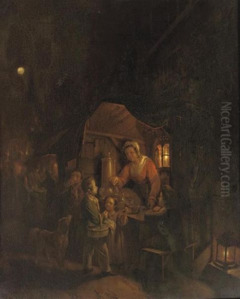 Pooring Hot Drinks At The Night Market Oil Painting by George Harvey