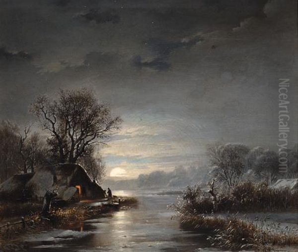 Winter Landscape By Evening Oil Painting by George Harvey