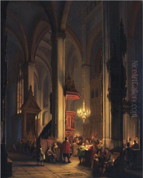 Evening Service In A Gothic Church Oil Painting by George Harvey