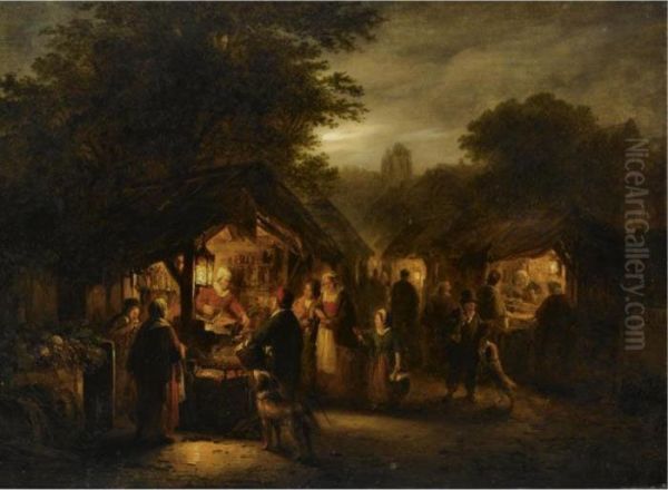 A Candle Lit Market Oil Painting by George Harvey