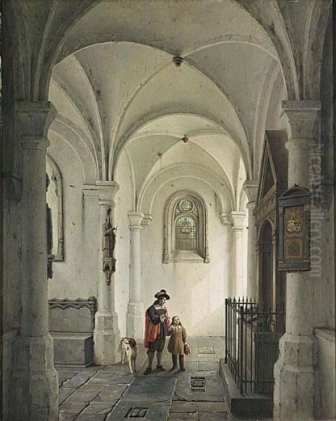 Figures In A Church Oil Painting by George Harvey