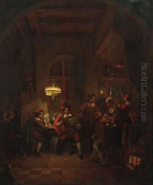 An Artist Showing Designs To A Client In A Candle-lit Tavern Oil Painting by George Harvey