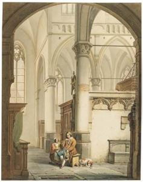 A Father And His Daughter In A Church, A Dog Nearby Oil Painting by George Harvey