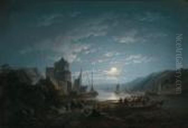 Circle Moonlight Over A Coastal Landscape Oil Painting by Remigius Adriannus van Haanen