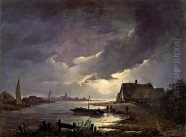 Nachtliche Flusslandschaft * Oil Painting by Remigius Adriannus van Haanen