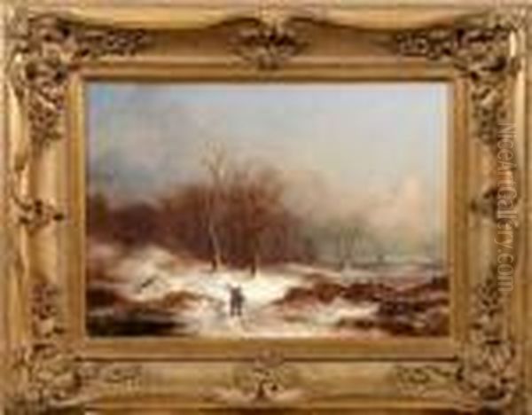 Abendliche Winterlandschaft Mit Reisigsammlern Am Eichenwald Oil Painting by Remigius Adriannus van Haanen