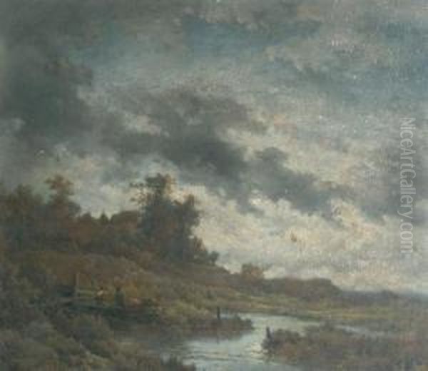 Evening Landscape With Figures Oil Painting by Remigius Adriannus van Haanen