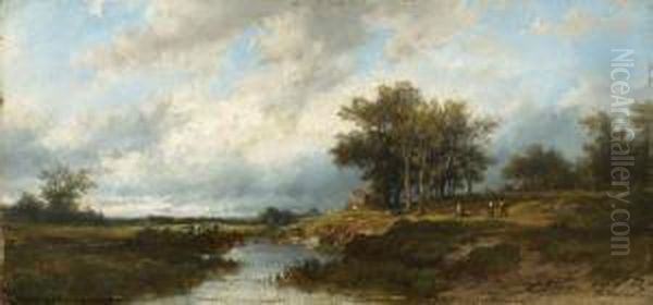 River Landscape With Figures. Oil Painting by Remigius Adriannus van Haanen