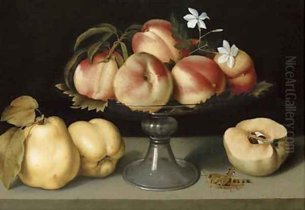 A glass compote with peaches, jasmine flowers, quinces and a grasshopper Oil Painting by Galizia Fede