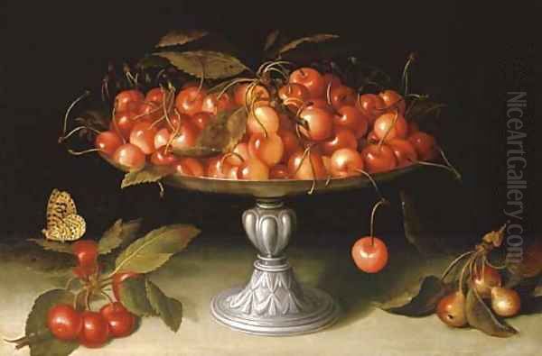 Cherries in a silver compote with crabapples on a stone ledge and a fritillary butterfly Oil Painting by Galizia Fede