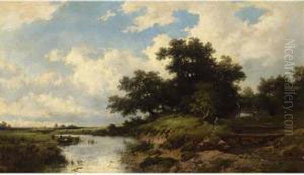 Figures On A River Bank Oil Painting by Remigius Adriannus van Haanen