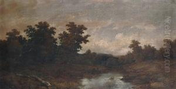 Wooded River Landscape Oil Painting by Remigius Adriannus van Haanen