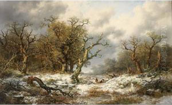 Travellers In An Extensive Snow Covered Landscape Oil Painting by Remigius Adriannus van Haanen