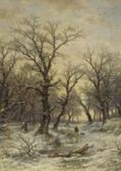 Huntsman In A Winter Landscape Oil Painting by Remigius Adriannus van Haanen