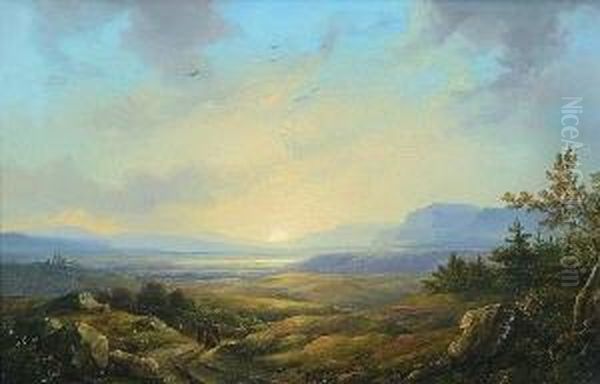 Sonnenuntergangsstimmung In Einem
 Weiten Tal. Oil Painting by Remigius Adriannus van Haanen