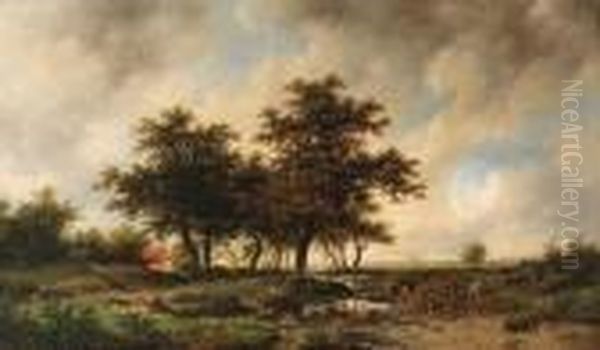 An Extensive Wooded Landscape With Peasants Conversing Near Abrook Oil Painting by Remigius Adriannus van Haanen