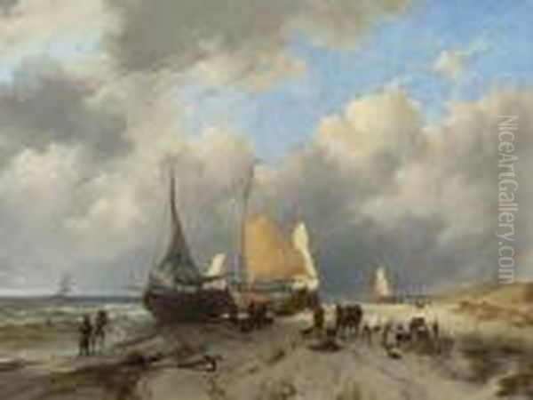 Unloading The Catch Oil Painting by Remigius Adriannus van Haanen