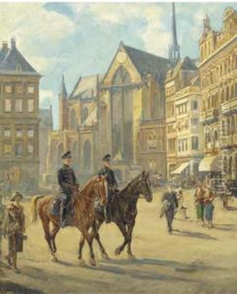 Bereden Politie Op De Dam Oil Painting by Dirk Johannes Van Haaren