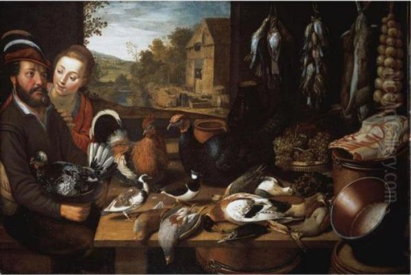 A Larder Still Life, With 
Farmyard Fowl, A Turkey, Pigeons, A Plover, Duck, A Starling, Partridge 
And Snipe, With Game And Songbirds And Rabbits Suspended From Nails, A 
Rib Of Beef, Grapes And An Artichoke, With Copper Pans, Watched By A 
Couple Se Oil Painting by Cornelis Cornelisz Van Haarlem