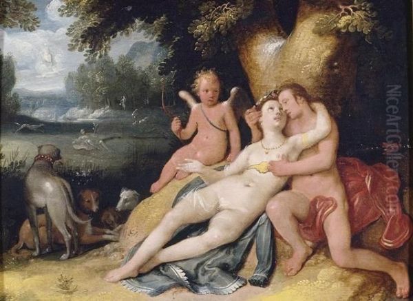 Venus And Adonis With Cupid In A Landscape Oil Painting by Cornelis Cornelisz Van Haarlem