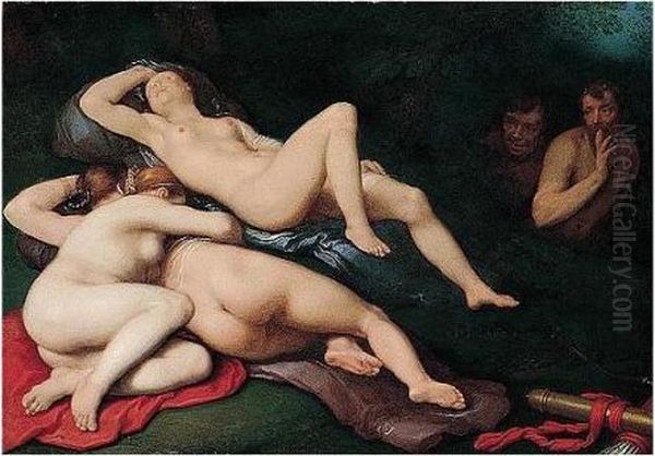 Diana Sleeping With Her Nymphs, Spied On By Satyrs Oil Painting by Cornelis Cornelisz Van Haarlem