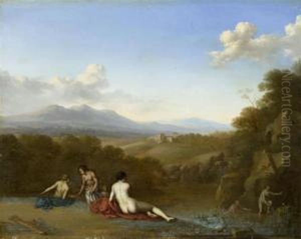 Nymphs After The Hunt In A Mediterranean Landscape Oil Painting by Jan van Haensbergen