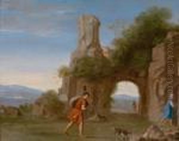 Arkadische Landschaft Mit Einer Felsenkulisse Und Figurenstaffage Im Vordergrund Oil Painting by Jan van Haensbergen