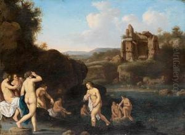 An Italianate Landscape With Nymphs Bathing Oil Painting by Jan van Haensbergen