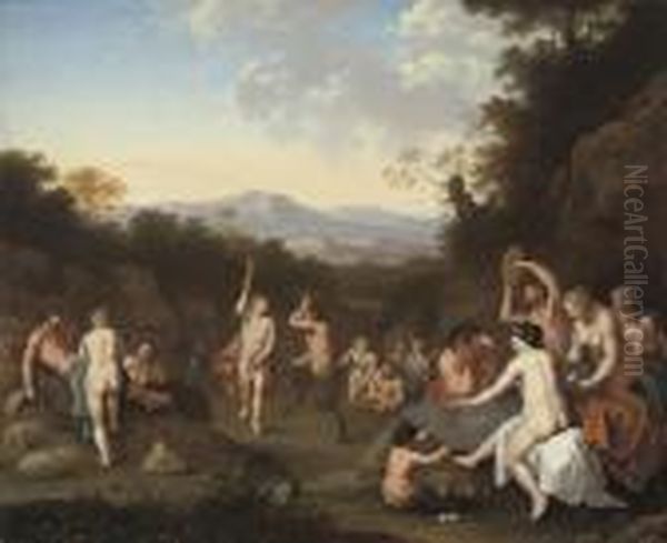 A Bacchanal With Nymphs And Satyrs Dancing And Making Music In Awooded Landscape Oil Painting by Jan van Haensbergen