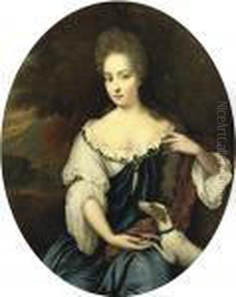 Portrait Of A Lady, 
Three-quarter-length, In A Blue Dress With Awhite Chemise And A Crimson 
Wrap With A Dog By Her Side Oil Painting by Jan van Haensbergen