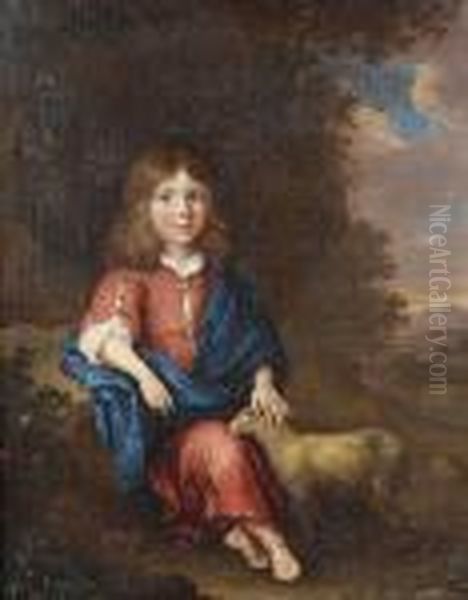 Portrait Of A Young Boy Seated, 
Small Full-length, As A Shepherd In A Red Dress And A Blue Wrap, A Lamb 
At His Side In A Landscape Oil Painting by Jan van Haensbergen