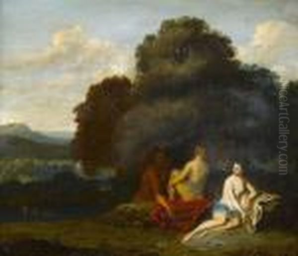 An Italianate Landscape With Nymphs Surprised By A Satyr Oil Painting by Jan van Haensbergen