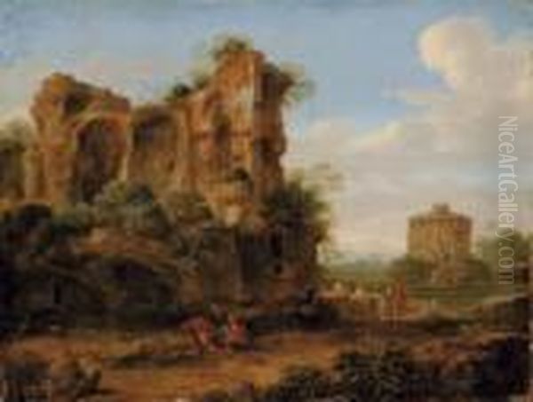 Paesaggio Italianizzante Con Rovine Classiche E Figure Oil Painting by Jan van Haensbergen