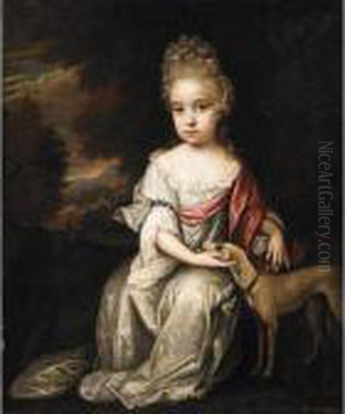 Johannes Van Haansbergen, 
Portrait Of A Young Girl, Full Length, Wearing White, With A Dog Oil Painting by Jan van Haensbergen